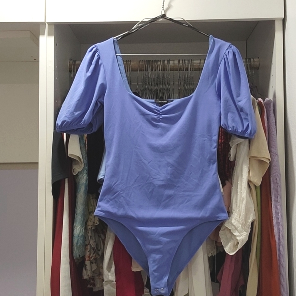 classped, puff-sleeved, blue-lavender bodysuit